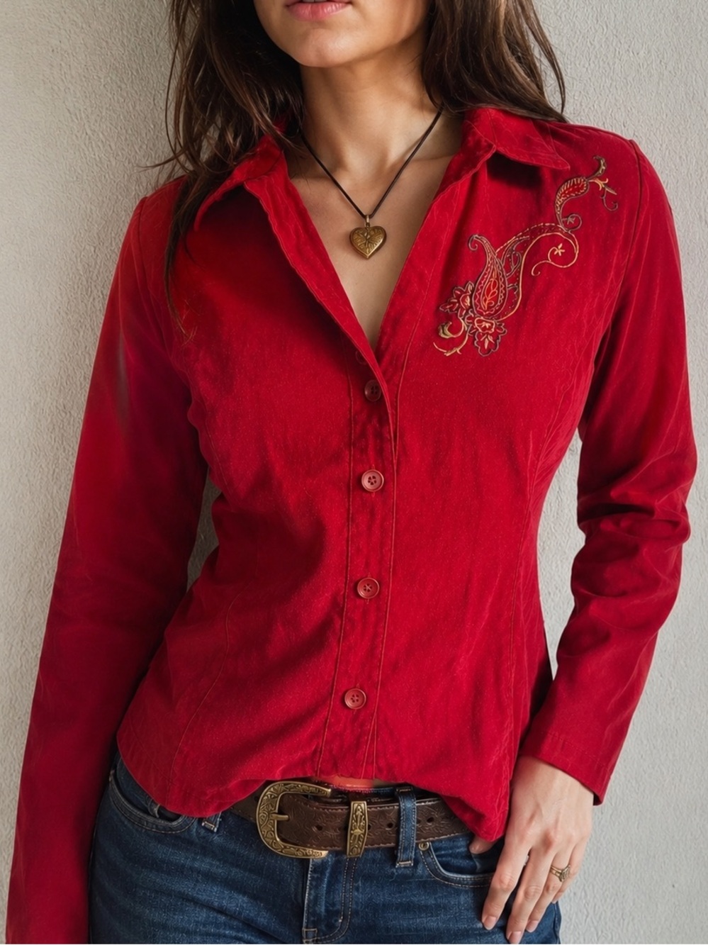 Studio I Petite Red Paisley Embroidered Velvety Button Up Blouse